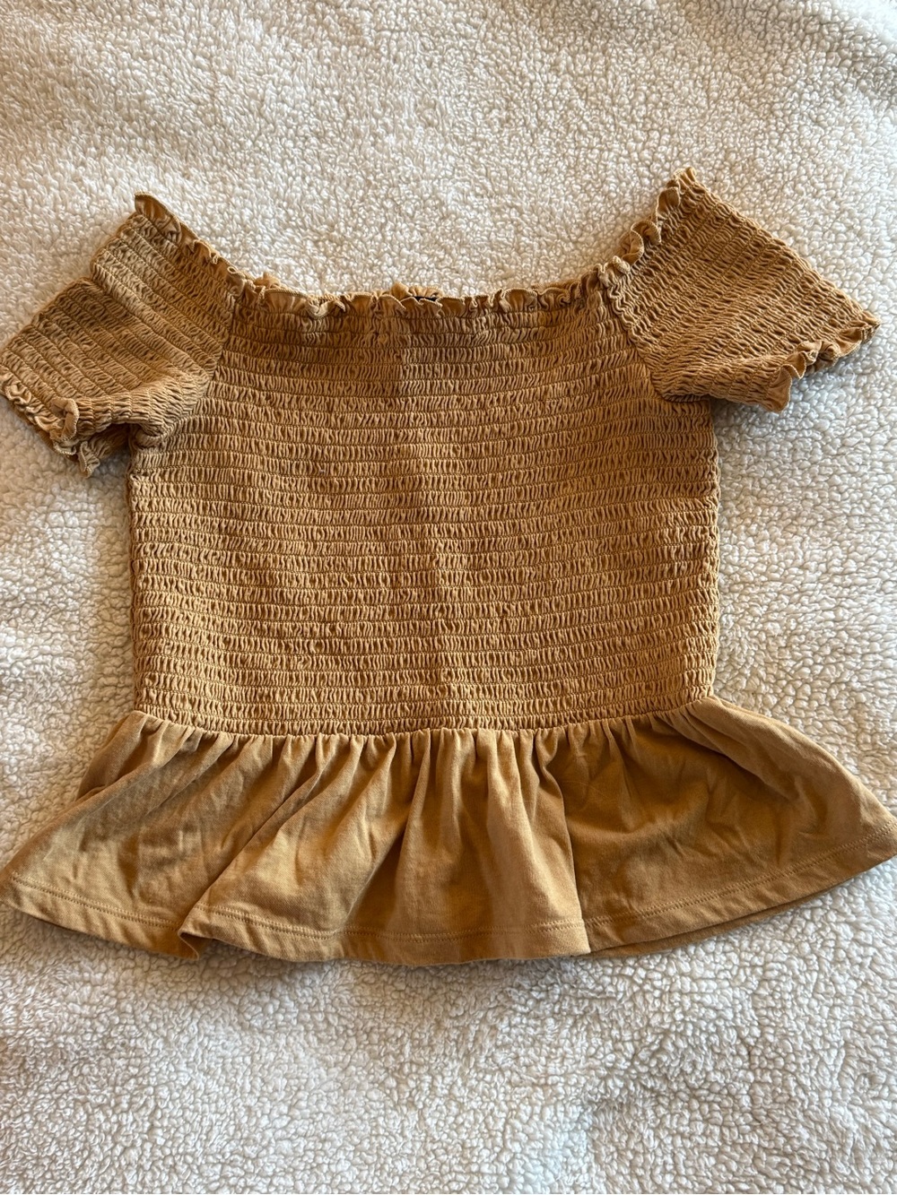 American Eagle Outfitters Smocked Off-Shoulder Peplum Top - Camel/Tan